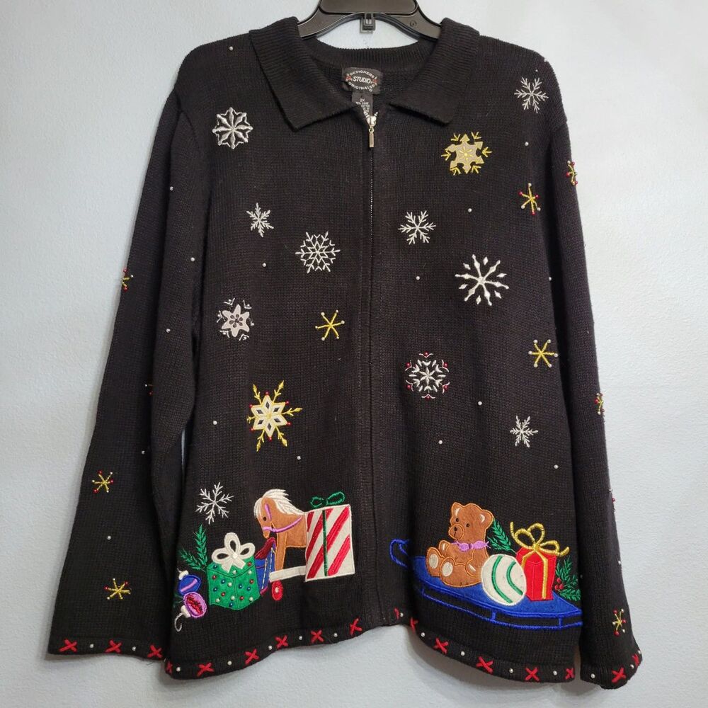 VTG Designers Studio Christmas Sweater Cardigan Full Zip Black Beaded Toys Santa